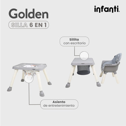 Silla Alta Infanti 6 en 1 Golden Multifuncional Con Charola Y Mesa De Actividades