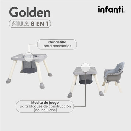 Silla Alta Infanti 6 en 1 Golden Multifuncional Con Charola Y Mesa De Actividades