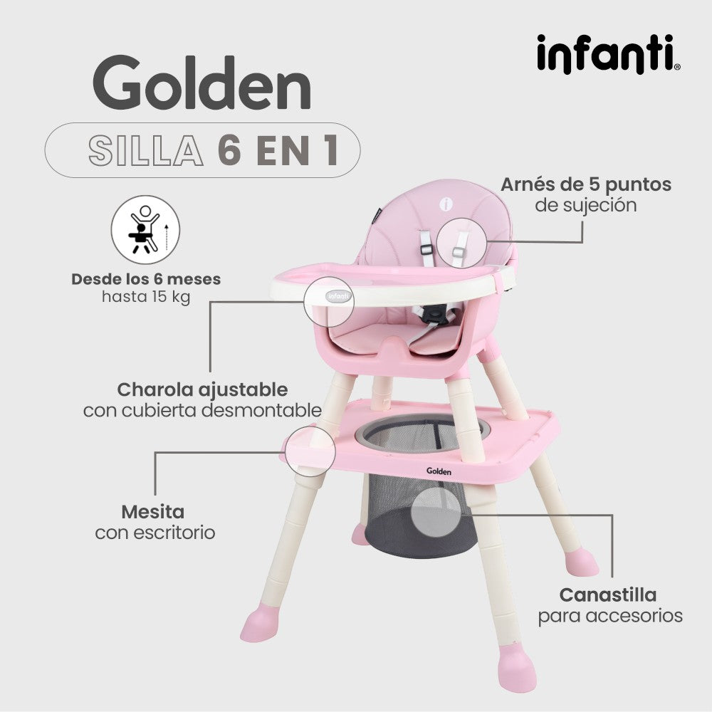 Silla Alta Infanti 6 en 1 Golden Multifuncional Con Charola Y Mesa De Actividades