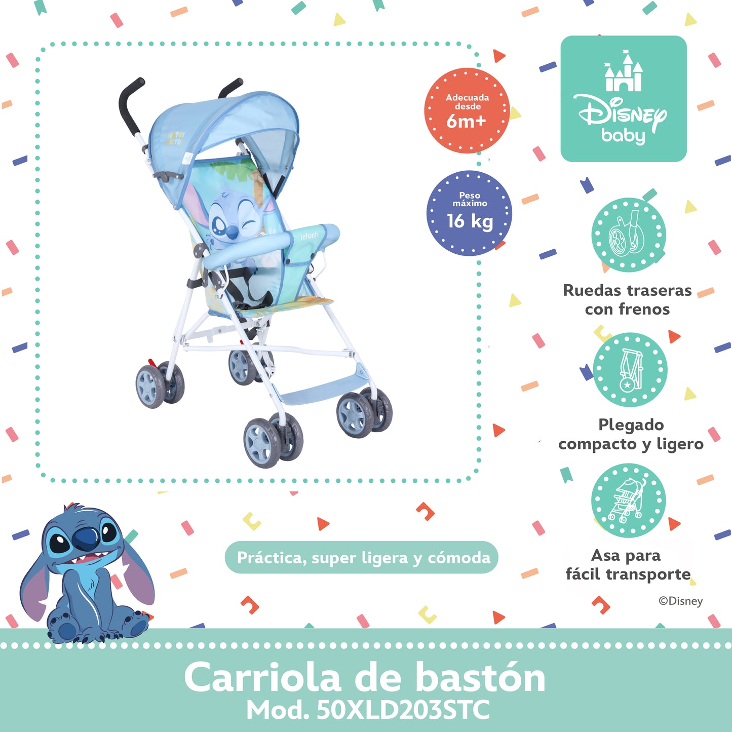 Carriola De Bastón Stitch Disney Ligera Con Cinturón De Seguridad Plegable