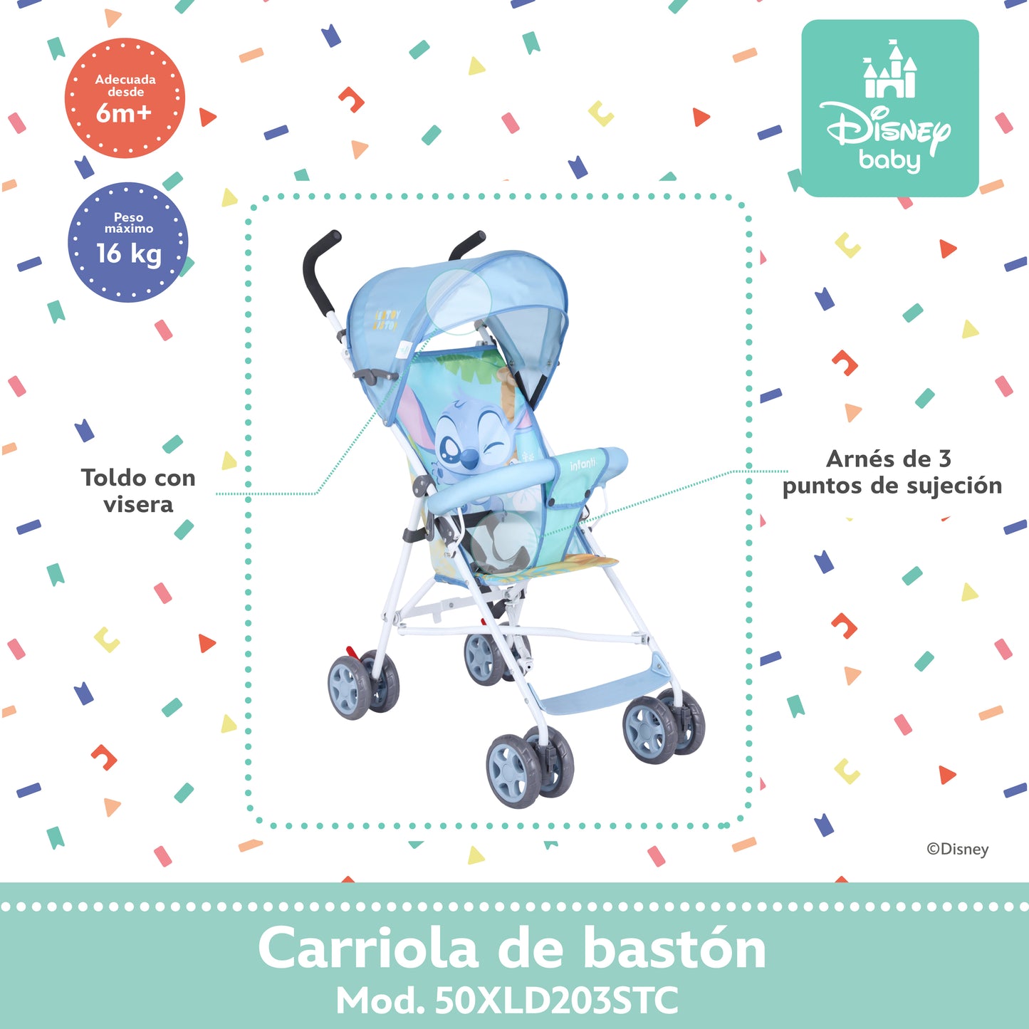 Carriola De Bastón Stitch Disney Ligera Con Cinturón De Seguridad Plegable