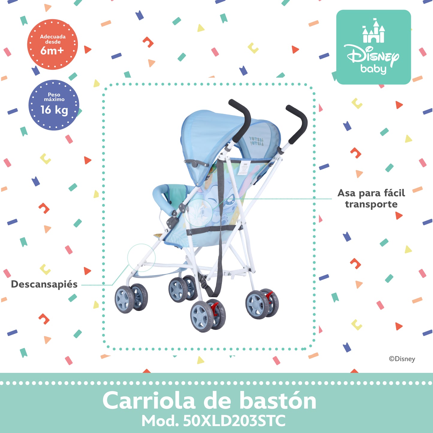 Carriola De Bastón Stitch Disney Ligera Con Cinturón De Seguridad Plegable