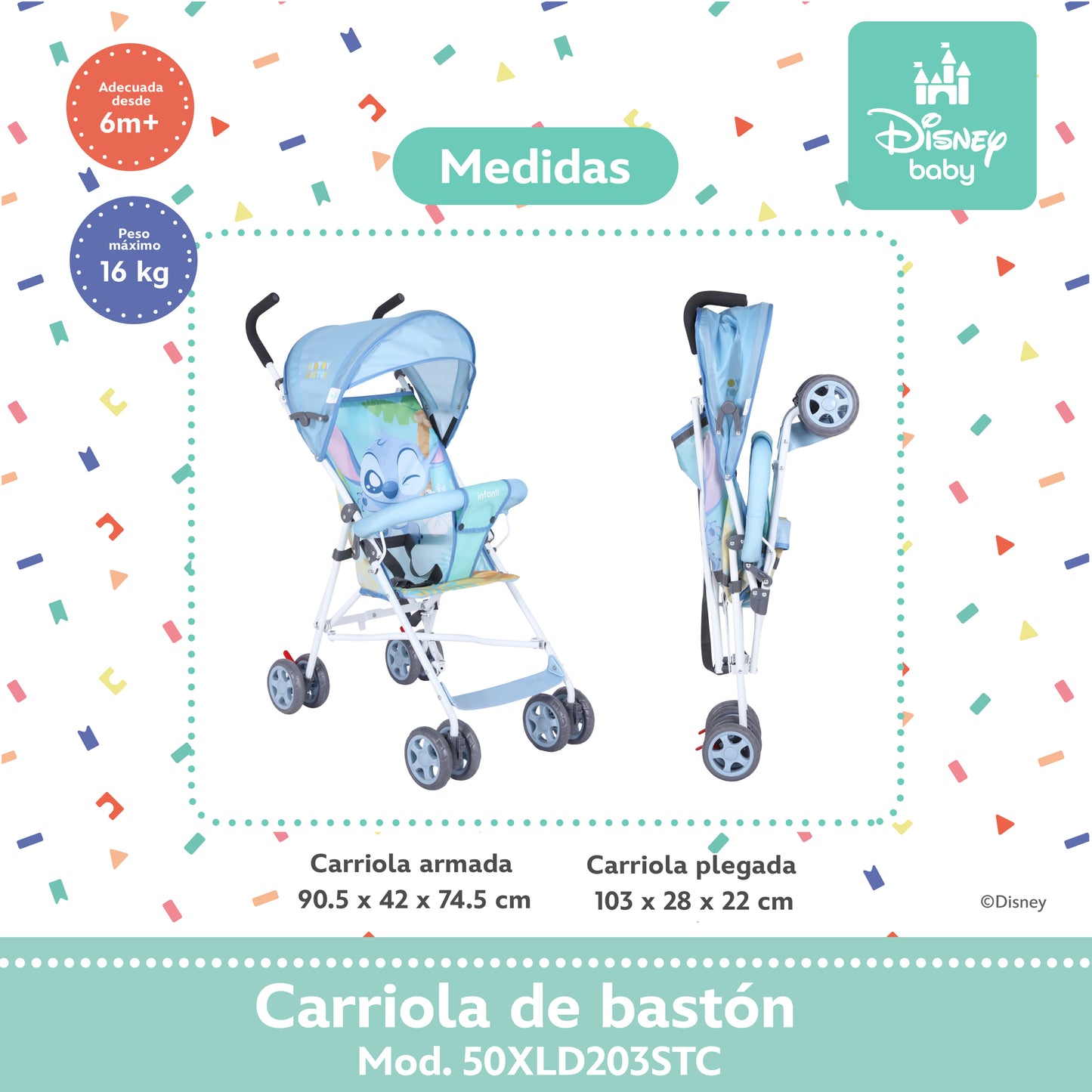Carriola De Bastón Stitch Disney Ligera Con Cinturón De Seguridad Plegable