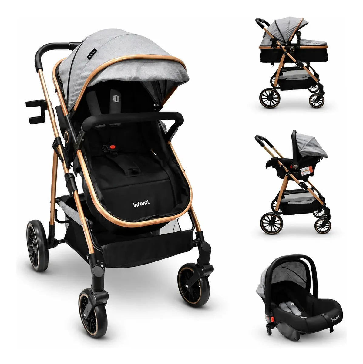 Carriola Sistema de Viaje Welly Convertible a Bambineto Negro con Portabebé Grupo 0+, Asiento Reversible, Reclinado Ajustable, Arnés de 5 Puntos, Toldo Plegable, Cubrepiés y Canastilla Amplia para Bebé