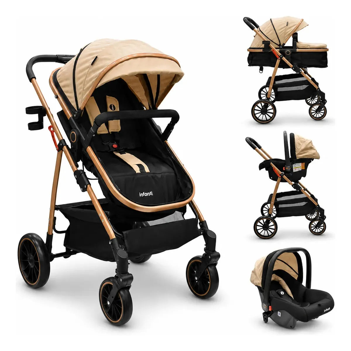 Carriola Sistema de Viaje Welly Convertible a Bambineto Negro con Portabebé Grupo 0+, Asiento Reversible, Reclinado Ajustable, Arnés de 5 Puntos, Toldo Plegable, Cubrepiés y Canastilla Amplia para Bebé