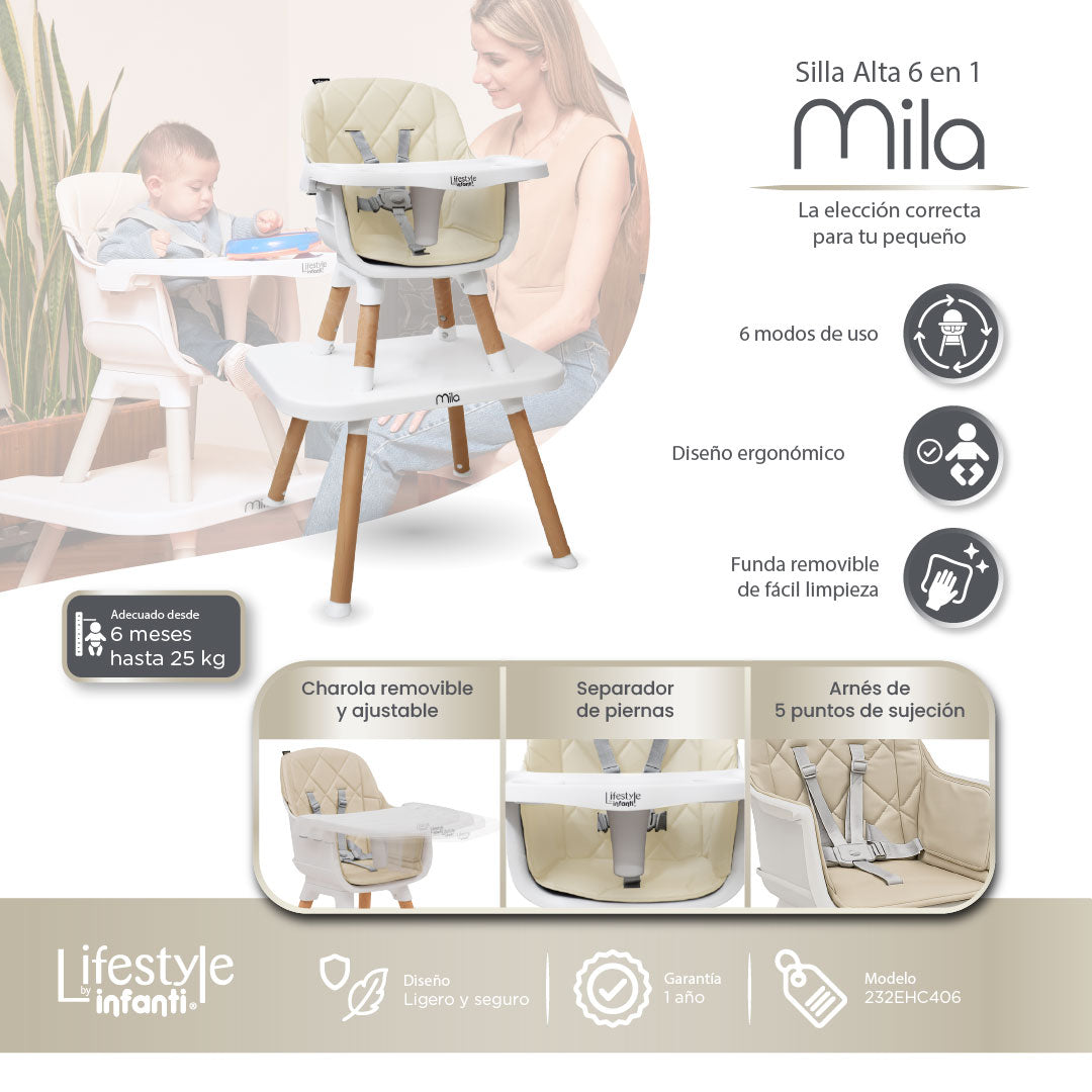 Silla Alta 6 en 1, Mila, Beige, Silla Pequeña, Banco Alto, Banquito, Mesa con Sillita y Mesa con Banco, Arnés de 5 Puntos, Charola Ajustable y Funda Lavable, Hasta 25 kg. Lifestyle By Infanti