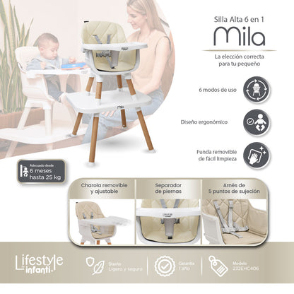 Silla Alta 6 en 1, Mila, Beige, Silla Pequeña, Banco Alto, Banquito, Mesa con Sillita y Mesa con Banco, Arnés de 5 Puntos, Charola Ajustable y Funda Lavable, Hasta 25 kg. Lifestyle By Infanti