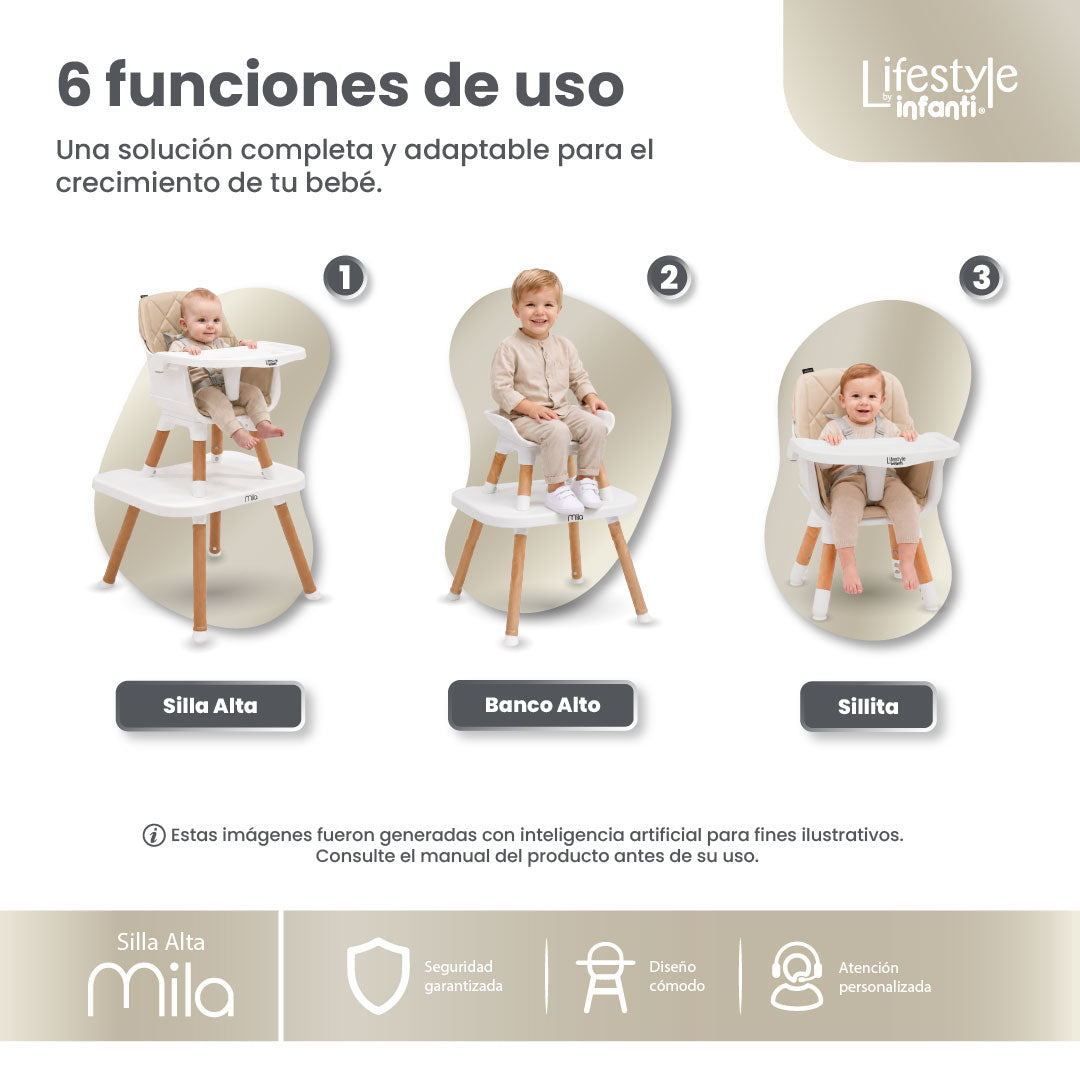 Silla Alta 6 en 1, Mila, Beige, Silla Pequeña, Banco Alto, Banquito, Mesa con Sillita y Mesa con Banco, Arnés de 5 Puntos, Charola Ajustable y Funda Lavable, Hasta 25 kg. Lifestyle By Infanti