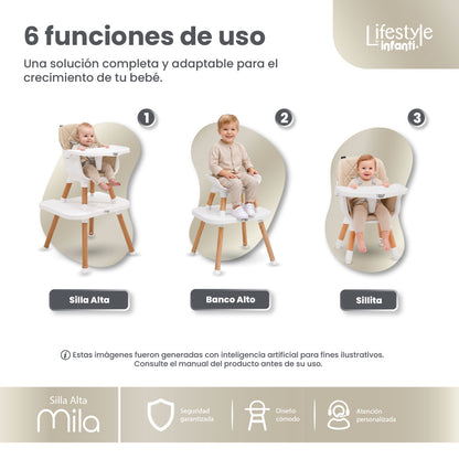 Silla Alta 6 en 1, Mila, Beige, Silla Pequeña, Banco Alto, Banquito, Mesa con Sillita y Mesa con Banco, Arnés de 5 Puntos, Charola Ajustable y Funda Lavable, Hasta 25 kg. Lifestyle By Infanti