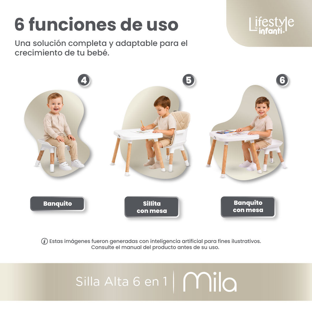 Silla Alta 6 en 1, Mila, Beige, Silla Pequeña, Banco Alto, Banquito, Mesa con Sillita y Mesa con Banco, Arnés de 5 Puntos, Charola Ajustable y Funda Lavable, Hasta 25 kg. Lifestyle By Infanti