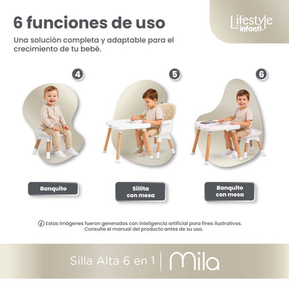 Silla Alta 6 en 1, Mila, Beige, Silla Pequeña, Banco Alto, Banquito, Mesa con Sillita y Mesa con Banco, Arnés de 5 Puntos, Charola Ajustable y Funda Lavable, Hasta 25 kg. Lifestyle By Infanti