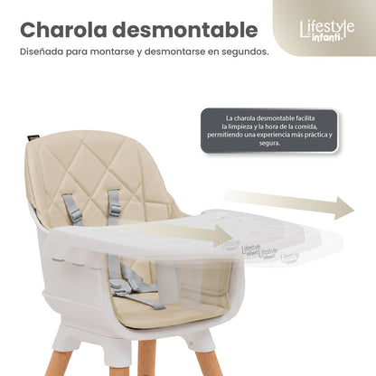Silla Alta 6 en 1, Mila, Beige, Silla Pequeña, Banco Alto, Banquito, Mesa con Sillita y Mesa con Banco, Arnés de 5 Puntos, Charola Ajustable y Funda Lavable, Hasta 25 kg. Lifestyle By Infanti