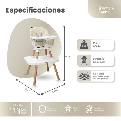 Silla Alta 6 en 1, Mila, Beige, Silla Pequeña, Banco Alto, Banquito, Mesa con Sillita y Mesa con Banco, Arnés de 5 Puntos, Charola Ajustable y Funda Lavable, Hasta 25 kg. Lifestyle By Infanti