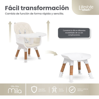 Silla Alta 6 en 1, Mila, Beige, Silla Pequeña, Banco Alto, Banquito, Mesa con Sillita y Mesa con Banco, Arnés de 5 Puntos, Charola Ajustable y Funda Lavable, Hasta 25 kg. Lifestyle By Infanti