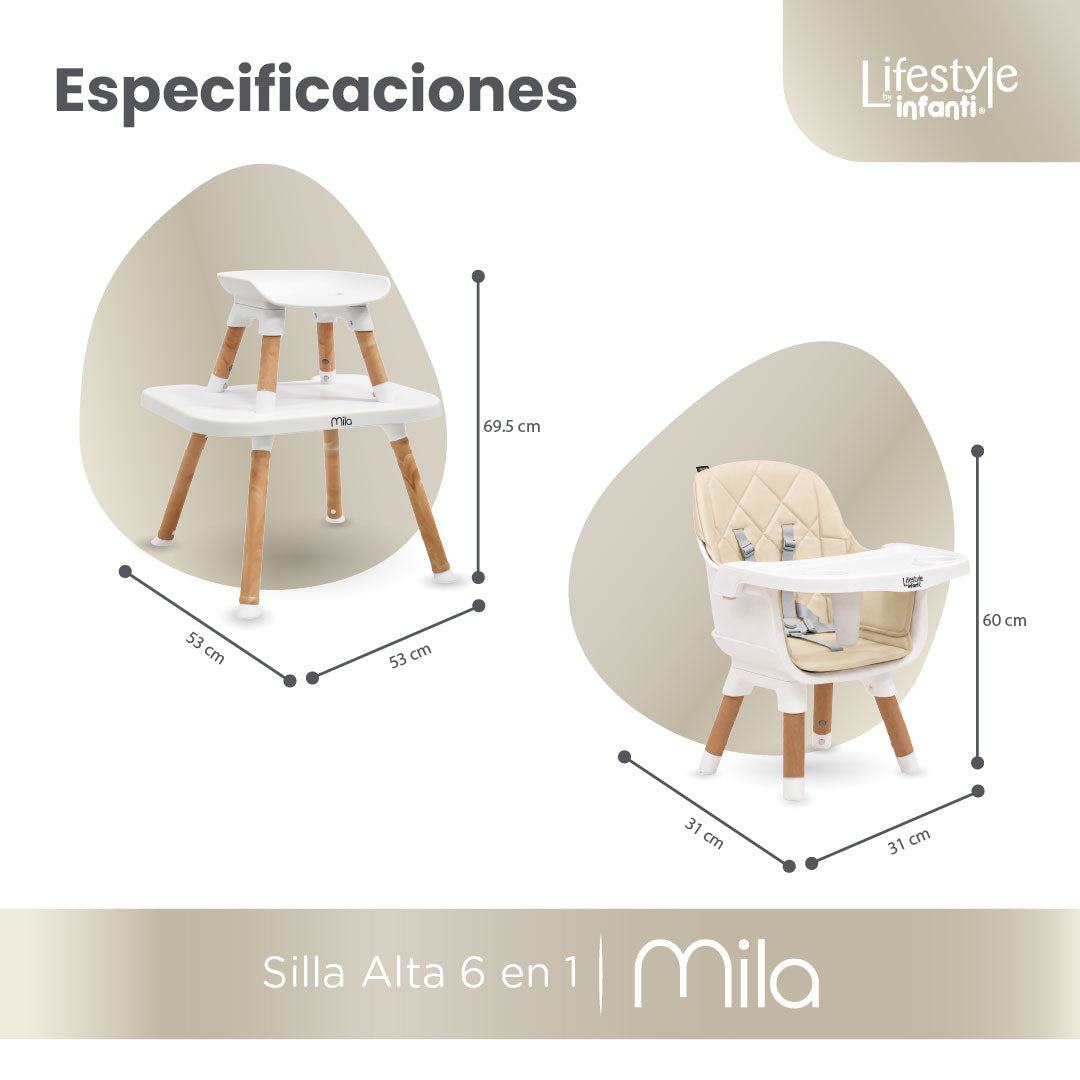 Silla Alta 6 en 1, Mila, Beige, Silla Pequeña, Banco Alto, Banquito, Mesa con Sillita y Mesa con Banco, Arnés de 5 Puntos, Charola Ajustable y Funda Lavable, Hasta 25 kg. Lifestyle By Infanti