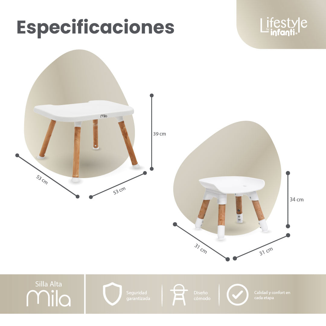 Silla Alta 6 en 1, Mila, Beige, Silla Pequeña, Banco Alto, Banquito, Mesa con Sillita y Mesa con Banco, Arnés de 5 Puntos, Charola Ajustable y Funda Lavable, Hasta 25 kg. Lifestyle By Infanti