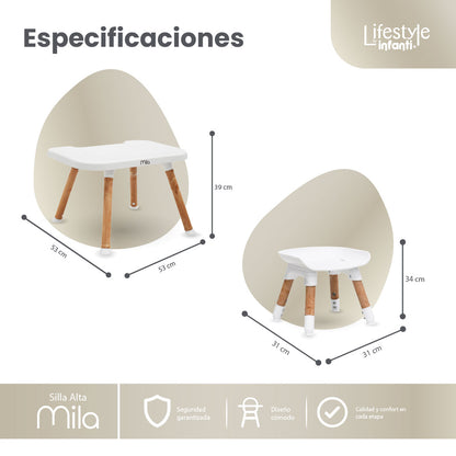 Silla Alta 6 en 1, Mila, Beige, Silla Pequeña, Banco Alto, Banquito, Mesa con Sillita y Mesa con Banco, Arnés de 5 Puntos, Charola Ajustable y Funda Lavable, Hasta 25 kg. Lifestyle By Infanti