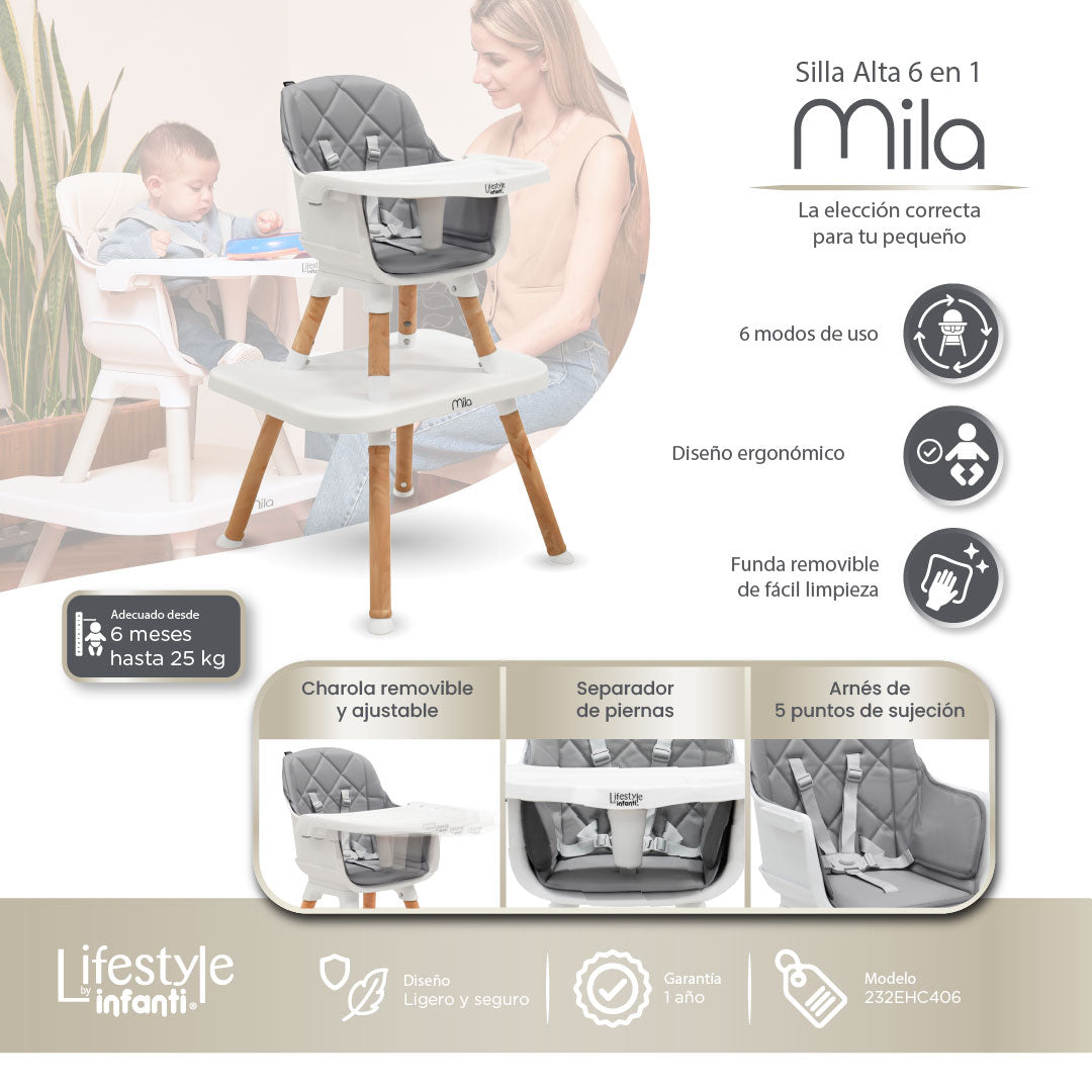 Silla Alta 6 en 1, Mila, Gris Silla Pequeña, Banco Alto, Banquito, Mesa con Sillita y Mesa con Banco, Arnés de 5 Puntos, Charola Ajustable y Funda Lavable, Hasta 25 kg. Lifestyle By Infanti
