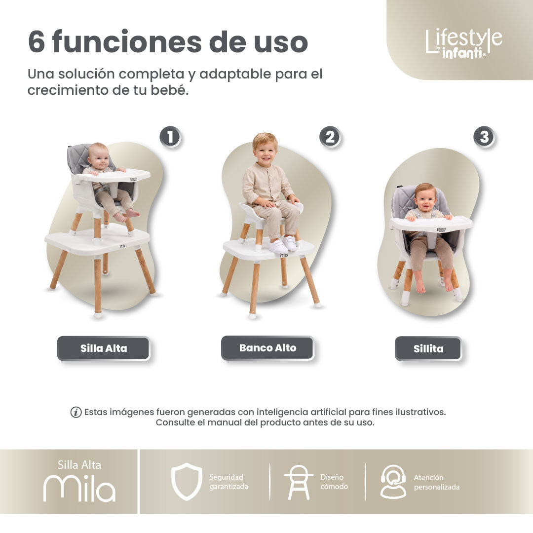Silla Alta 6 en 1, Mila, Gris Silla Pequeña, Banco Alto, Banquito, Mesa con Sillita y Mesa con Banco, Arnés de 5 Puntos, Charola Ajustable y Funda Lavable, Hasta 25 kg. Lifestyle By Infanti