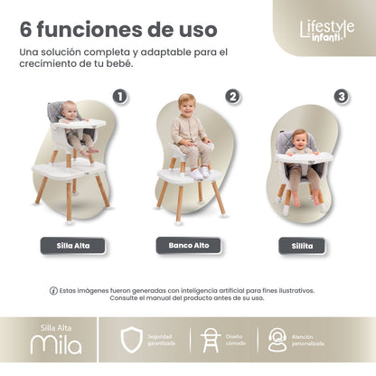 Silla Alta 6 en 1, Mila, Gris Silla Pequeña, Banco Alto, Banquito, Mesa con Sillita y Mesa con Banco, Arnés de 5 Puntos, Charola Ajustable y Funda Lavable, Hasta 25 kg. Lifestyle By Infanti