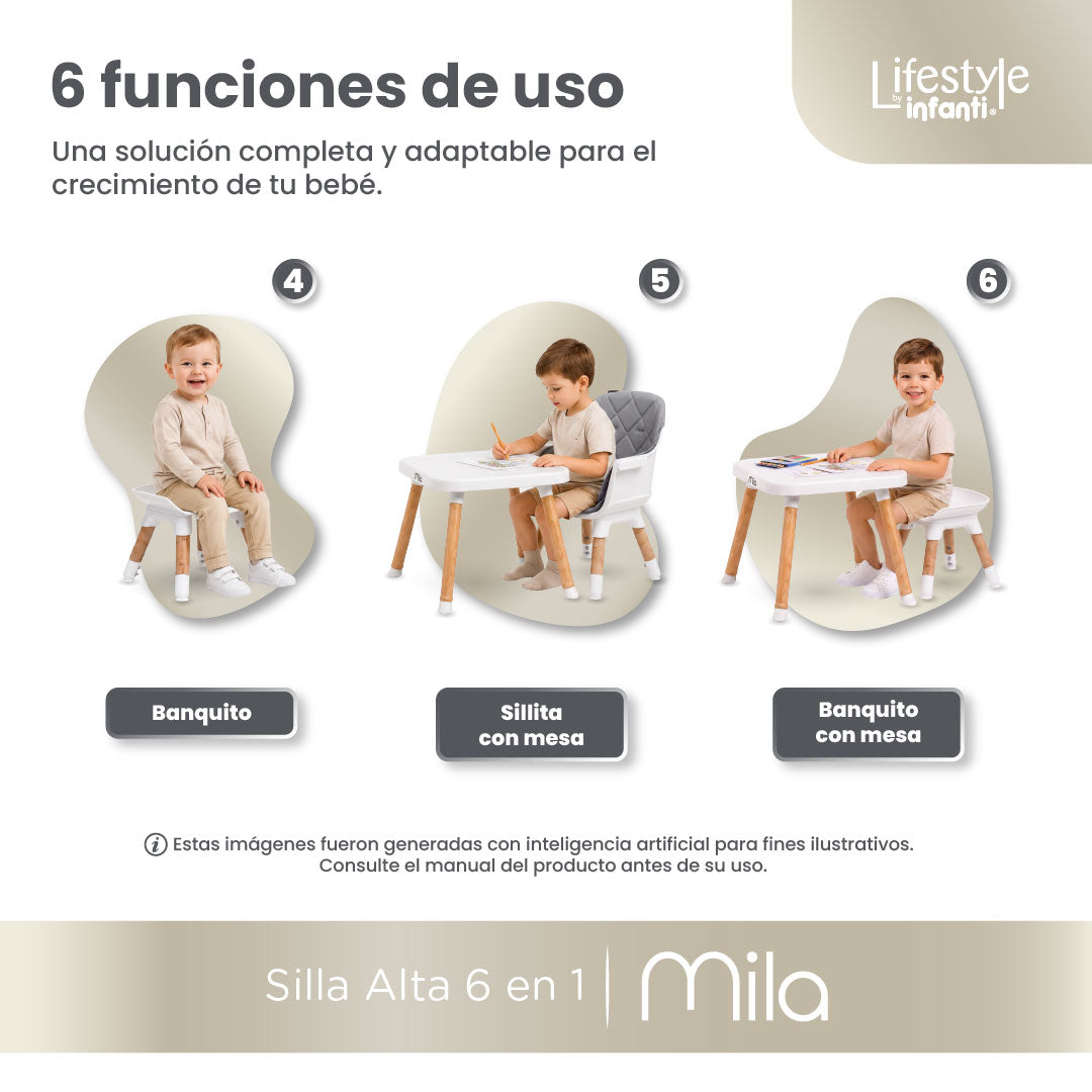 Silla Alta 6 en 1, Mila, Gris Silla Pequeña, Banco Alto, Banquito, Mesa con Sillita y Mesa con Banco, Arnés de 5 Puntos, Charola Ajustable y Funda Lavable, Hasta 25 kg. Lifestyle By Infanti