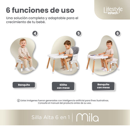 Silla Alta 6 en 1, Mila, Gris Silla Pequeña, Banco Alto, Banquito, Mesa con Sillita y Mesa con Banco, Arnés de 5 Puntos, Charola Ajustable y Funda Lavable, Hasta 25 kg. Lifestyle By Infanti