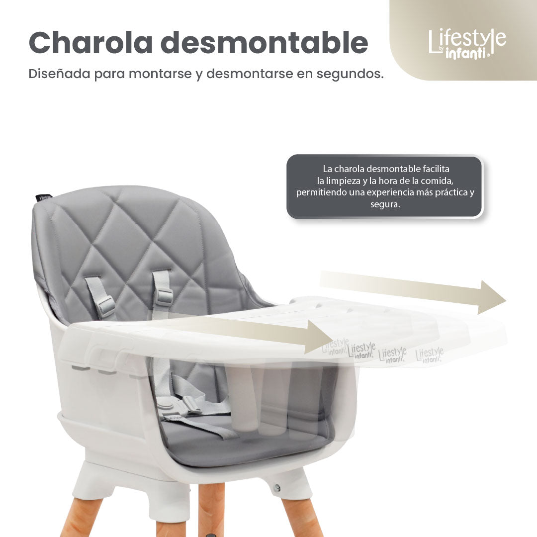 Silla Alta 6 en 1, Mila, Gris Silla Pequeña, Banco Alto, Banquito, Mesa con Sillita y Mesa con Banco, Arnés de 5 Puntos, Charola Ajustable y Funda Lavable, Hasta 25 kg. Lifestyle By Infanti