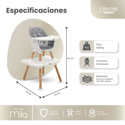 Silla Alta 6 en 1, Mila, Gris Silla Pequeña, Banco Alto, Banquito, Mesa con Sillita y Mesa con Banco, Arnés de 5 Puntos, Charola Ajustable y Funda Lavable, Hasta 25 kg. Lifestyle By Infanti
