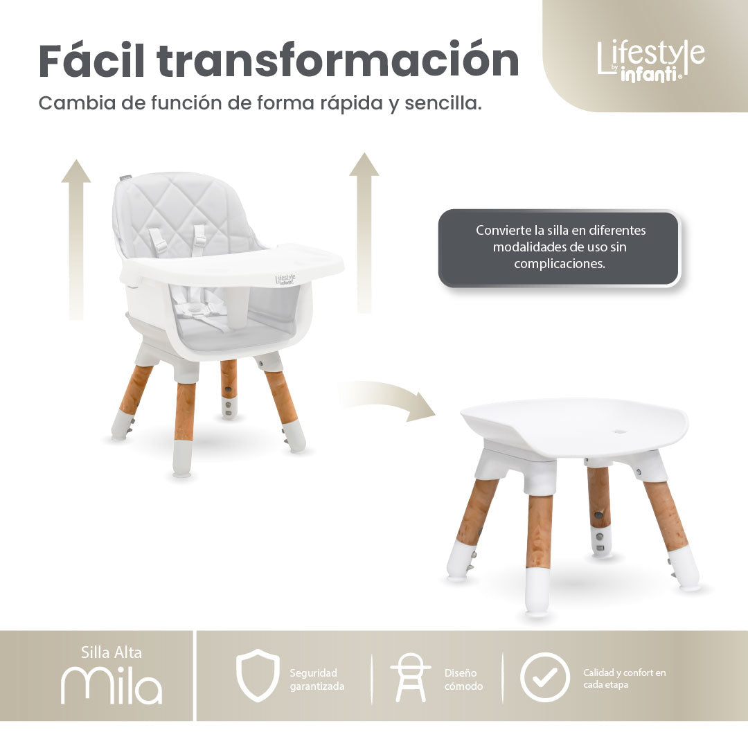 Silla Alta 6 en 1, Mila, Gris Silla Pequeña, Banco Alto, Banquito, Mesa con Sillita y Mesa con Banco, Arnés de 5 Puntos, Charola Ajustable y Funda Lavable, Hasta 25 kg. Lifestyle By Infanti