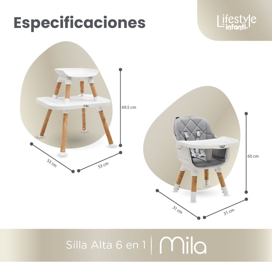 Silla Alta 6 en 1, Mila, Gris Silla Pequeña, Banco Alto, Banquito, Mesa con Sillita y Mesa con Banco, Arnés de 5 Puntos, Charola Ajustable y Funda Lavable, Hasta 25 kg. Lifestyle By Infanti