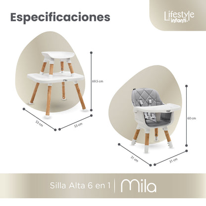 Silla Alta 6 en 1, Mila, Gris Silla Pequeña, Banco Alto, Banquito, Mesa con Sillita y Mesa con Banco, Arnés de 5 Puntos, Charola Ajustable y Funda Lavable, Hasta 25 kg. Lifestyle By Infanti