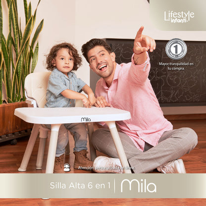 Silla Alta 6 en 1, Mila, Gris Silla Pequeña, Banco Alto, Banquito, Mesa con Sillita y Mesa con Banco, Arnés de 5 Puntos, Charola Ajustable y Funda Lavable, Hasta 25 kg. Lifestyle By Infanti