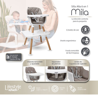Silla Alta 6 en 1, Mila, Arena, Silla Pequeña, Banco Alto, Banquito, Mesa con Sillita y Mesa con Banco, Arnés de 5 Puntos, Charola Ajustable y Funda Lavable, Hasta 25 kg. Lifestyle By Infanti