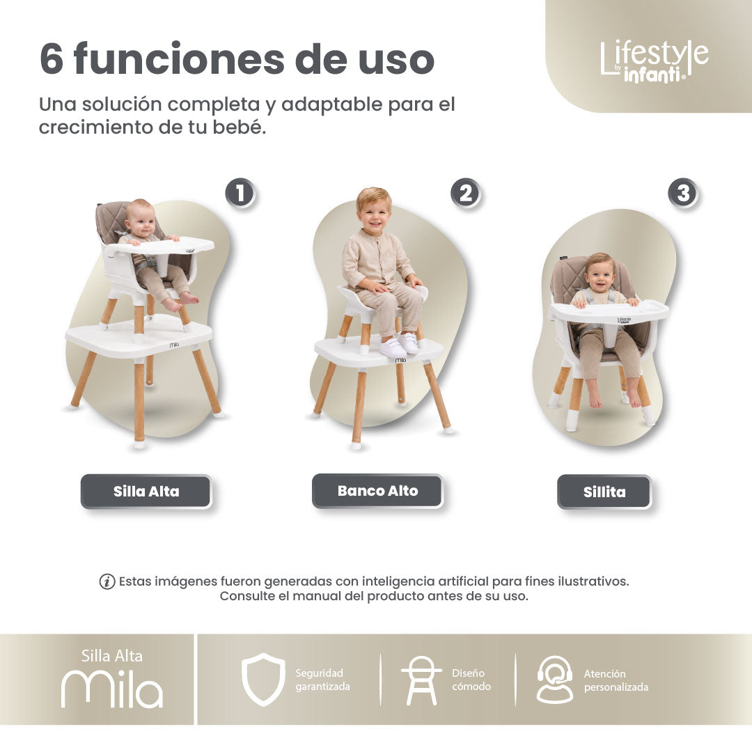 Silla Alta 6 en 1, Mila, Arena, Silla Pequeña, Banco Alto, Banquito, Mesa con Sillita y Mesa con Banco, Arnés de 5 Puntos, Charola Ajustable y Funda Lavable, Hasta 25 kg. Lifestyle By Infanti