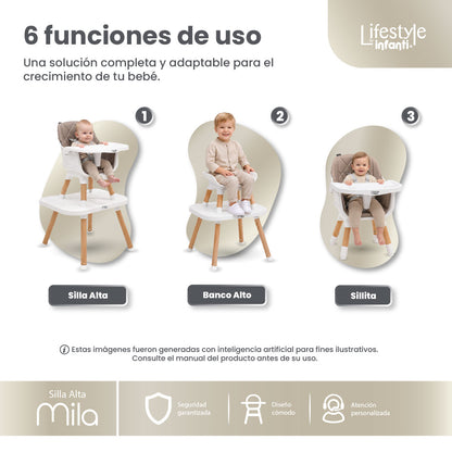 Silla Alta 6 en 1, Mila, Arena, Silla Pequeña, Banco Alto, Banquito, Mesa con Sillita y Mesa con Banco, Arnés de 5 Puntos, Charola Ajustable y Funda Lavable, Hasta 25 kg. Lifestyle By Infanti