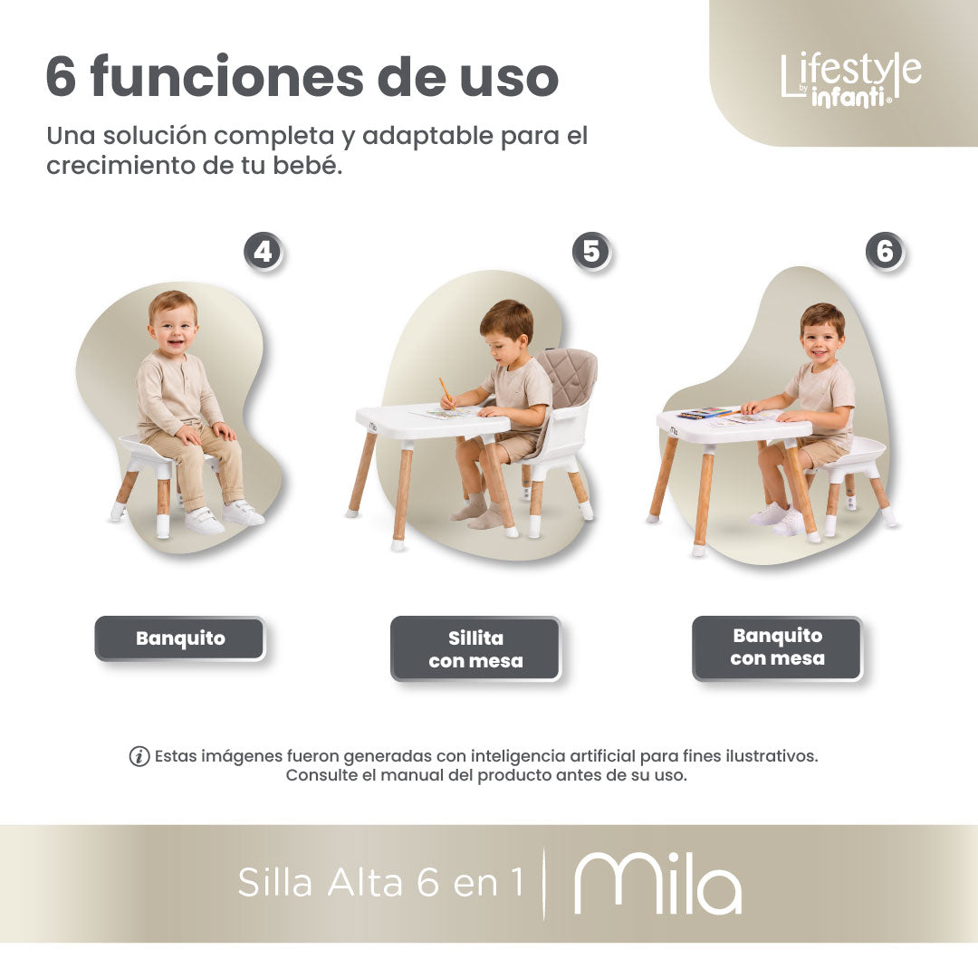 Silla Alta 6 en 1, Mila, Arena, Silla Pequeña, Banco Alto, Banquito, Mesa con Sillita y Mesa con Banco, Arnés de 5 Puntos, Charola Ajustable y Funda Lavable, Hasta 25 kg. Lifestyle By Infanti