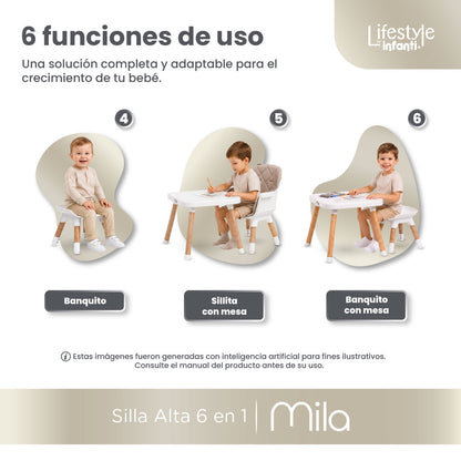 Silla Alta 6 en 1, Mila, Arena, Silla Pequeña, Banco Alto, Banquito, Mesa con Sillita y Mesa con Banco, Arnés de 5 Puntos, Charola Ajustable y Funda Lavable, Hasta 25 kg. Lifestyle By Infanti