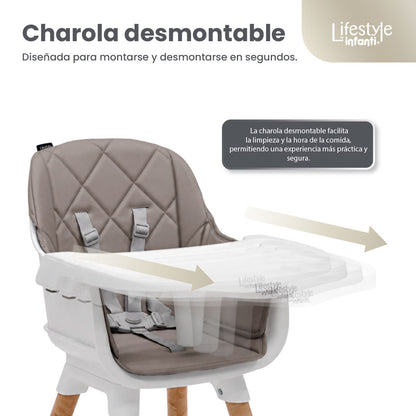 Silla Alta 6 en 1, Mila, Arena, Silla Pequeña, Banco Alto, Banquito, Mesa con Sillita y Mesa con Banco, Arnés de 5 Puntos, Charola Ajustable y Funda Lavable, Hasta 25 kg. Lifestyle By Infanti