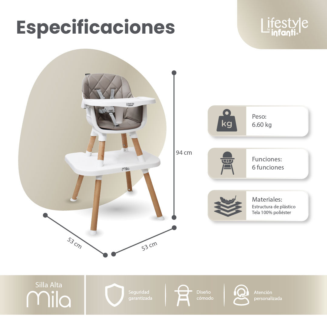Silla Alta 6 en 1, Mila, Arena, Silla Pequeña, Banco Alto, Banquito, Mesa con Sillita y Mesa con Banco, Arnés de 5 Puntos, Charola Ajustable y Funda Lavable, Hasta 25 kg. Lifestyle By Infanti