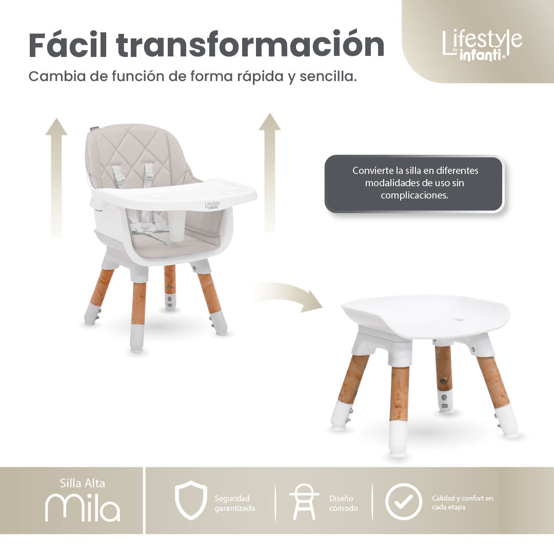 Silla Alta 6 en 1, Mila, Arena, Silla Pequeña, Banco Alto, Banquito, Mesa con Sillita y Mesa con Banco, Arnés de 5 Puntos, Charola Ajustable y Funda Lavable, Hasta 25 kg. Lifestyle By Infanti