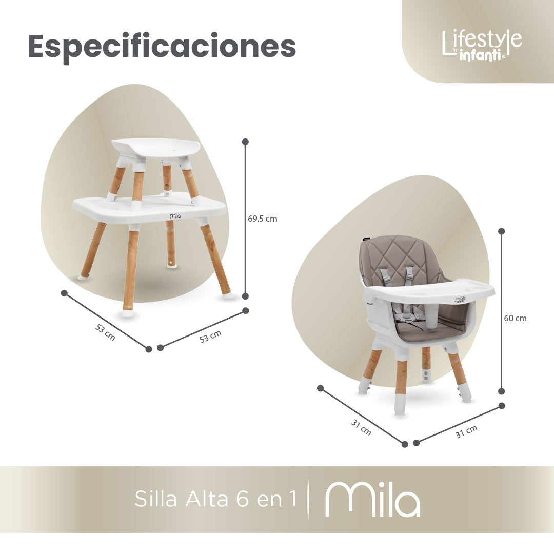 Silla Alta 6 en 1, Mila, Arena, Silla Pequeña, Banco Alto, Banquito, Mesa con Sillita y Mesa con Banco, Arnés de 5 Puntos, Charola Ajustable y Funda Lavable, Hasta 25 kg. Lifestyle By Infanti