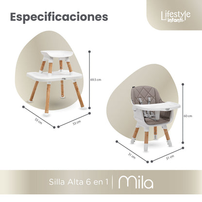Silla Alta 6 en 1, Mila, Arena, Silla Pequeña, Banco Alto, Banquito, Mesa con Sillita y Mesa con Banco, Arnés de 5 Puntos, Charola Ajustable y Funda Lavable, Hasta 25 kg. Lifestyle By Infanti