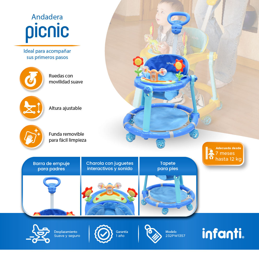 Andadera Picnic Con Tablero Interactivo Barra De Empuje y Altura Ajustable En 2 Posiciones, Infanti