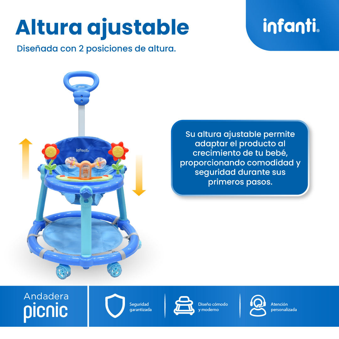 Andadera Picnic Con Tablero Interactivo Barra De Empuje y Altura Ajustable En 2 Posiciones, Infanti
