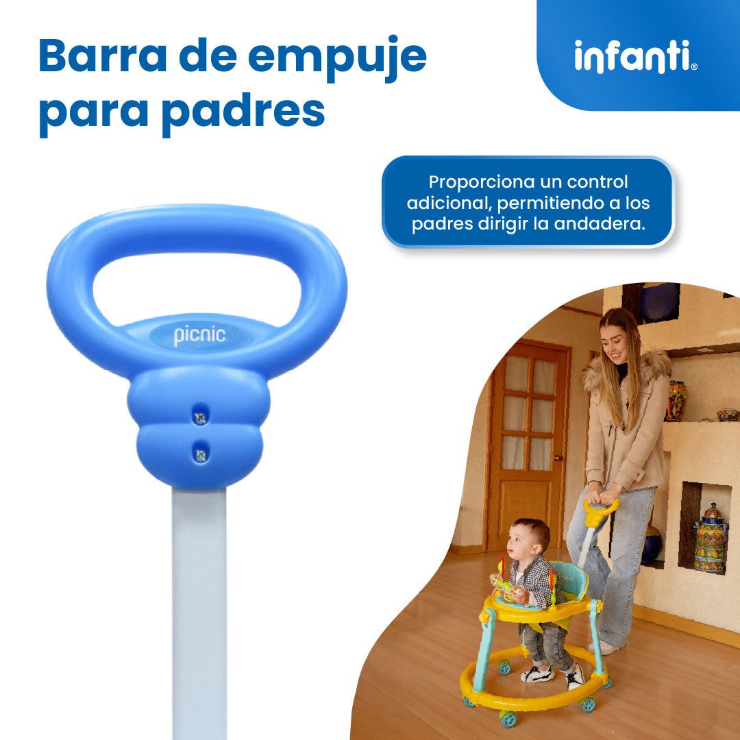 Andadera Picnic Con Tablero Interactivo Barra De Empuje y Altura Ajustable En 2 Posiciones, Infanti