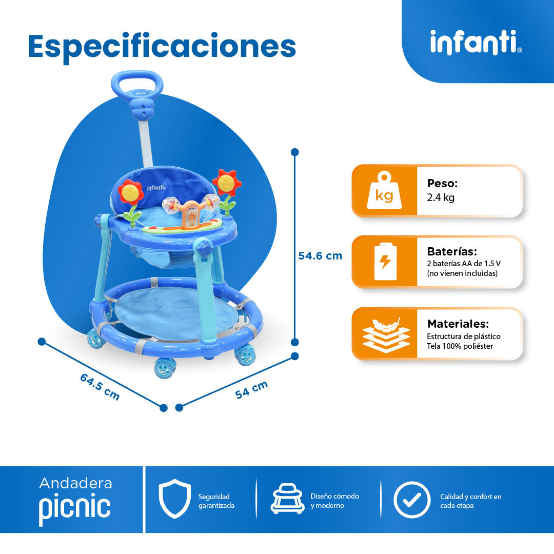 Andadera Picnic Con Tablero Interactivo Barra De Empuje y Altura Ajustable En 2 Posiciones, Infanti