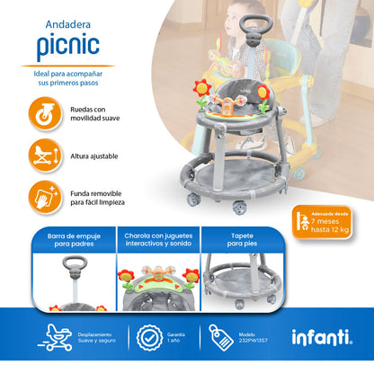Andadera Picnic Con Tablero Interactivo Barra De Empuje y Altura Ajustable En 2 Posiciones, Infanti