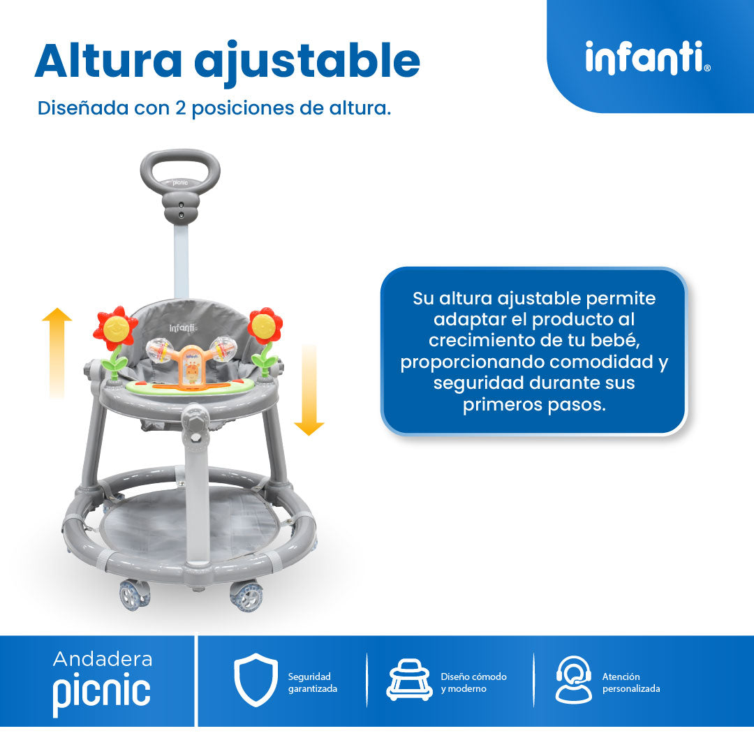 Andadera Picnic Con Tablero Interactivo Barra De Empuje y Altura Ajustable En 2 Posiciones, Infanti