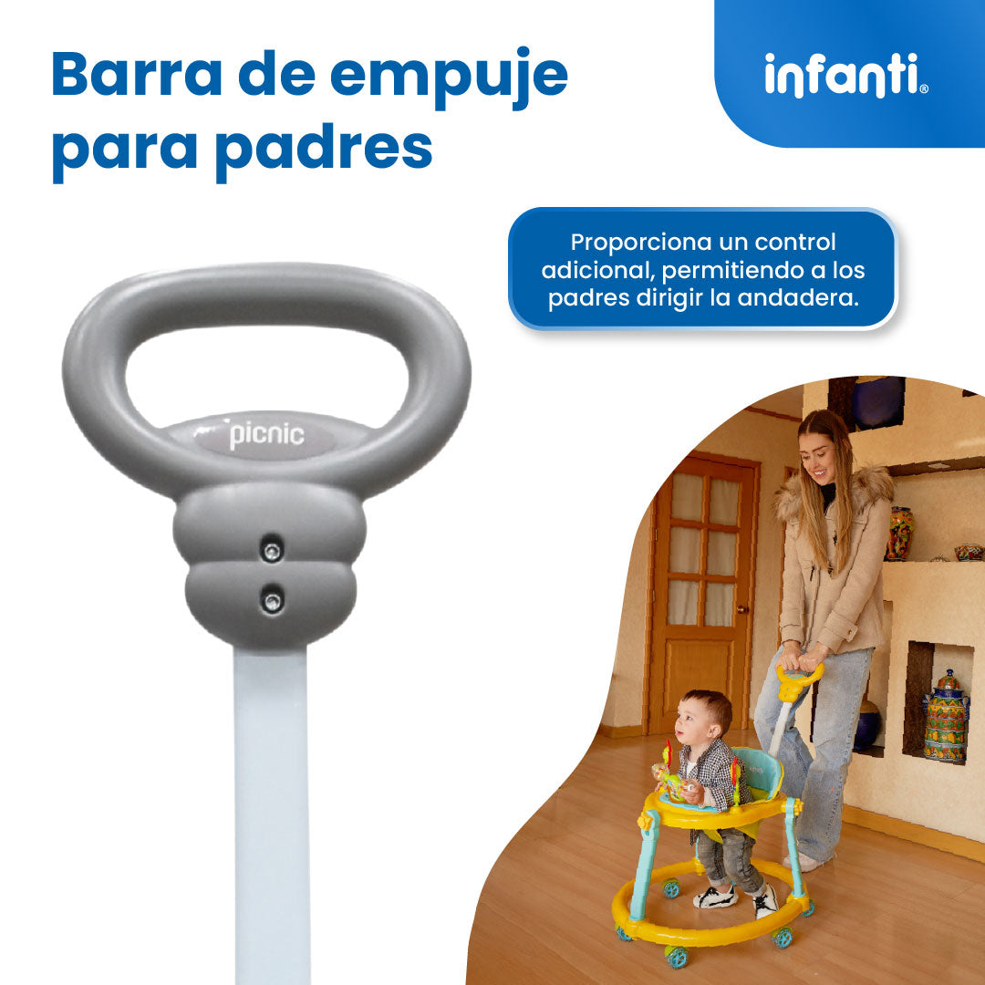 Andadera Picnic Con Tablero Interactivo Barra De Empuje y Altura Ajustable En 2 Posiciones, Infanti
