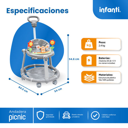 Andadera Picnic Con Tablero Interactivo Barra De Empuje y Altura Ajustable En 2 Posiciones, Infanti